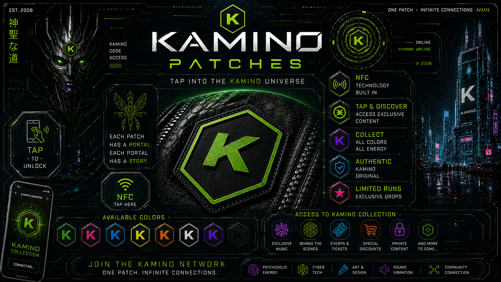 KAMINO Patches artwork showing a green NFC-enabled K patch in the KAMINO visual universe.